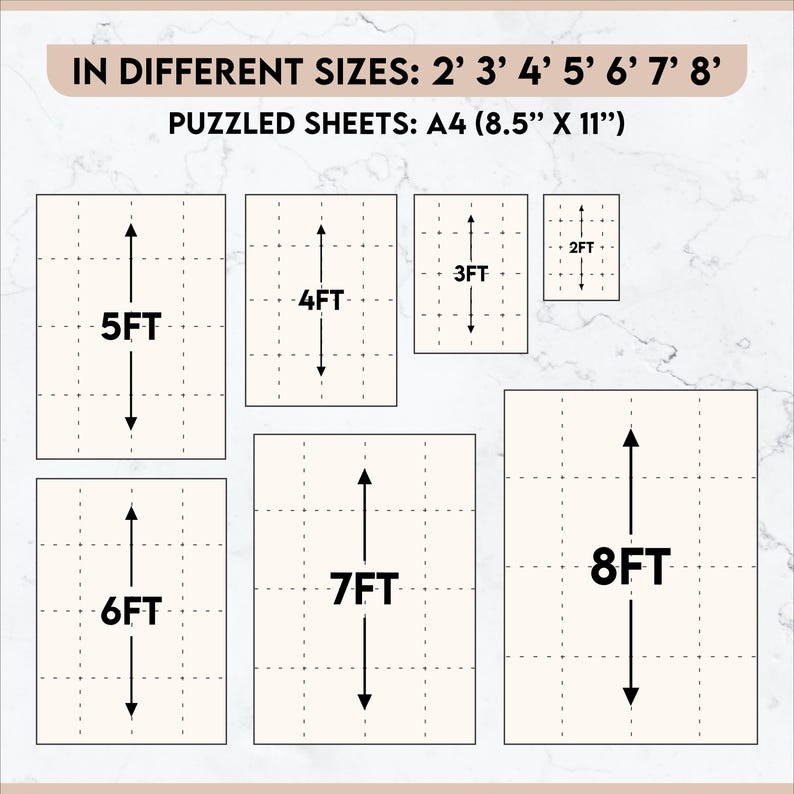 May include: Image showing various sizes of puzzled sheets, ranging from 2 feet to 8 feet in height. The text indicates the sheets are A4 size, measuring 8.5 inches by 11 inches. Each sheet is divided into a grid pattern.