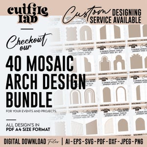 May include: A digital download graphic design bundle featuring 40 mosaic arch designs. The image includes the text "Checkout our 40 Mosaic Arch Design Bundle" and "Custom Designing Service Available". Designs are available in PDF A4 size format.