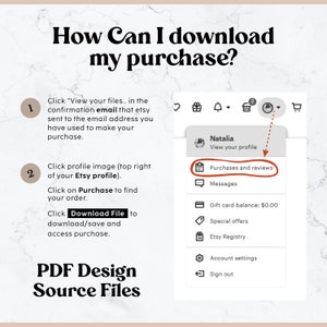 May include: Image showing instructions on how to download a purchase from Etsy. The text includes steps to find the download file, referencing the Etsy profile and email confirmation. The image also shows a screenshot of the Etsy profile menu.
