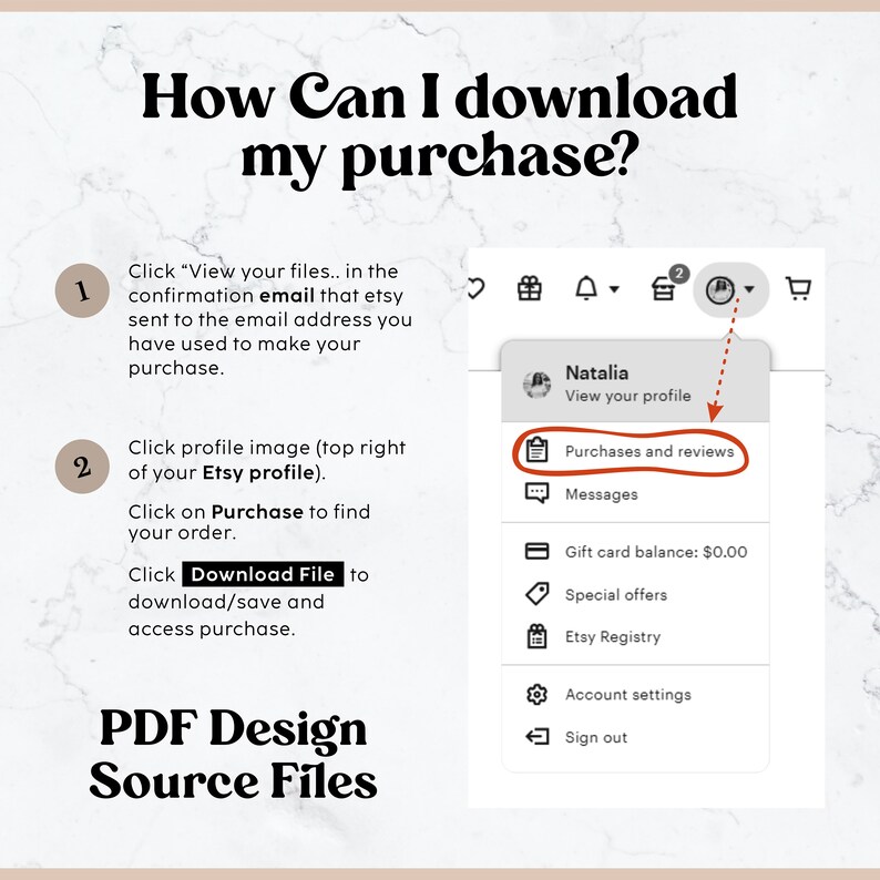 May include: Image showing instructions on how to download a purchase from Etsy. The text includes steps to find the download file, referencing the Etsy profile and email confirmation. The image also shows a screenshot of the Etsy profile menu.