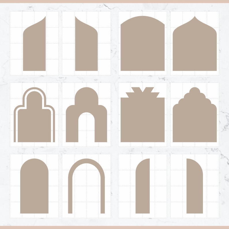 May include: A collection of twelve beige-colored geometric shapes, each with a unique arched or architectural design. The shapes are arranged in a grid pattern against a white background with a subtle grid overlay.