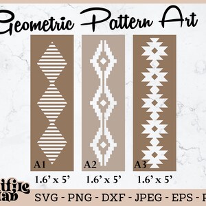 Puede incluir: Tres diseños de patrones geométricos en marrón y blanco. Los diseños miden 1,6 pulgadas por 5 pulgadas. Los diseños están etiquetados como A1, A2 y A3.