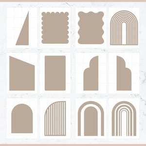 May include: A collection of twelve beige geometric shapes on a white background. The shapes include triangles, rectangles, arches, and wavy-edged forms. The shapes are arranged in a grid pattern, offering a minimalist design aesthetic.
