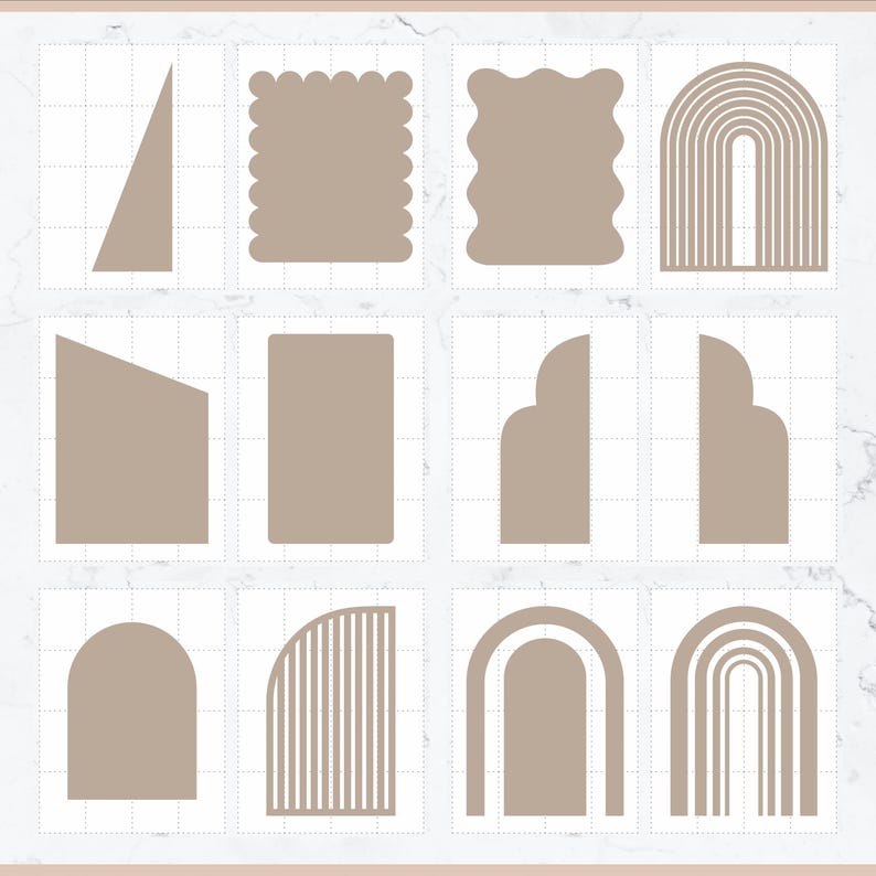May include: A collection of twelve beige geometric shapes on a white background. The shapes include triangles, rectangles, arches, and wavy-edged forms. The shapes are arranged in a grid pattern, offering a minimalist design aesthetic.