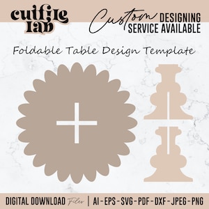 Op de afbeelding: Een digitaal ontwerp sjabloon voor een opvouwbare tafel, met een beige, geschulpte tafelblad ontwerp en een wit plusteken. De afbeelding bevat de tekst "Custom Designing Service Available" en "Digital Download Files".