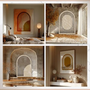 May include: A collection of four images showcasing interior design elements. The images feature abstract art, decorative wall hangings, and architectural details. The color palette includes warm tones of orange, brown, and beige, creating a cozy and inviting atmosphere. The designs incorporate arch shapes and vertical lines.