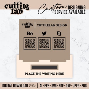 May include: A digital download file for a printable card template with a brown background and a black line for writing. The card features the text "cutfile lab" and "CUTFILELAB DESIGN" in black text. The card also includes QR codes for Behance, Twitter, and a social media platform. The text "PLACE THE WRITING HERE" is at the bottom of the card.