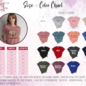 May include: Unisex t-shirt size chart with a variety of colors including white, black, red, navy, heather grey, heather mauve, heather deep teal, heather sunset, heather royal, military green, and heather maroon. The chart includes measurements for width and length in inches for sizes XS to 3XL. The text "NOTE: LETTERING WILL BE PRINTED WHITE ON DARK SHIRT, AND BLACK ON LIGHT SHIRTS AS DEMONSTRATED IN PICTURES, UNLESS OTHERWISE NOTED. ADDITIONAL COLORS AVAILABLE ON REQUEST." is included at the bottom of the chart.