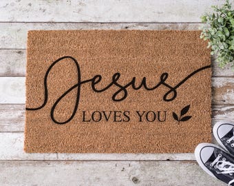 Jesus Loves You Doormat, Christian Welcome Mat, Faith Inspired Bible Verse Rug, Religious Home Decor Gift