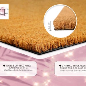 May include: A rectangular doormat with a natural fiber surface and a black PVC backing. The doormat is 0.6 inches thick and features the text "The Tee Gallery". The doormat is designed for effective dirt trapping and stability.