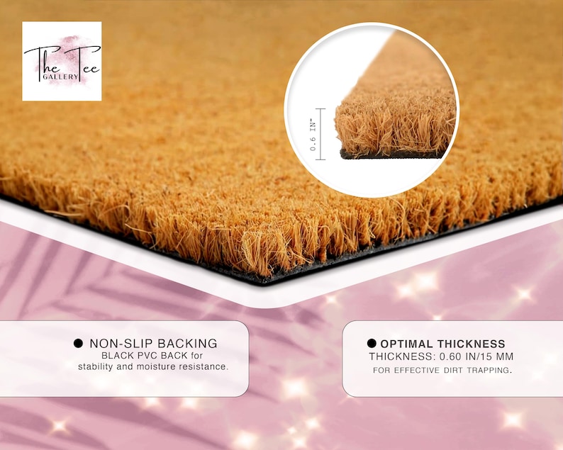 May include: A rectangular doormat with a natural fiber surface and a black PVC backing. The doormat is 0.6 inches thick and features the text "The Tee Gallery". The doormat is designed for effective dirt trapping and stability.