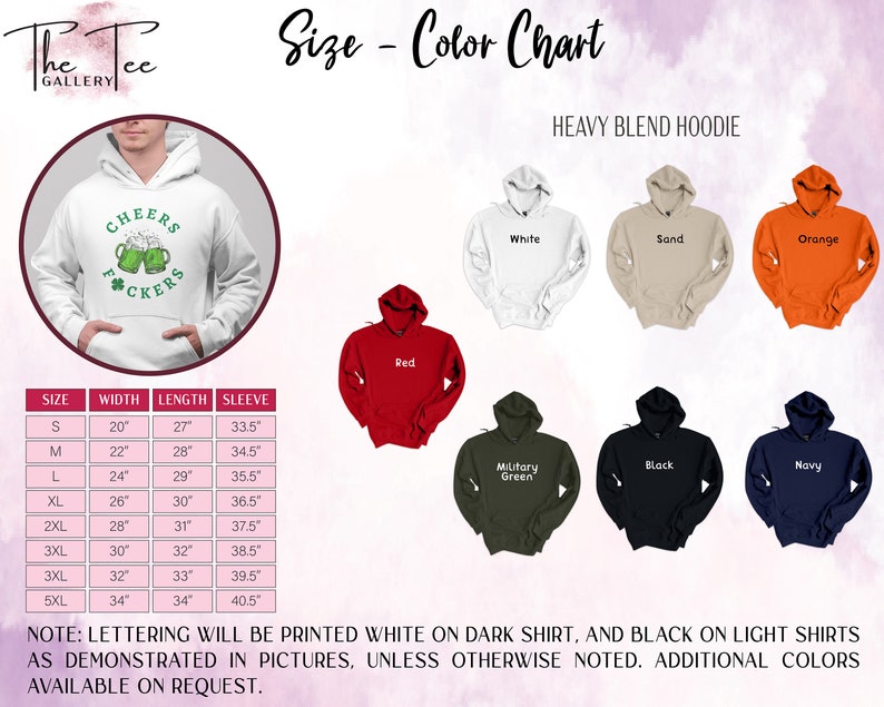 Pu&ograve; includere: Tabella colori per felpe con cappuccio heavy blend. La tabella include una felpa con cappuccio bianca con la scritta "Cheers F*ckers" e una tabella delle taglie. I colori disponibili sono rosso, bianco, sabbia, arancione, verde militare, nero e blu navy.