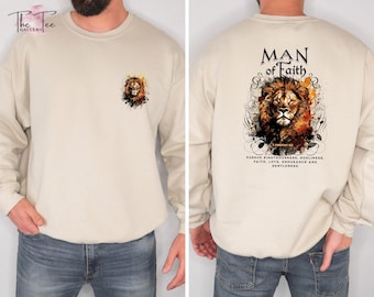 Man of Faith Sweatshirt, Lion of Judah Christian Hoodie, 1 Timothy 6 11 Bible Verse Apparel, Religious Gift for Him, Mens Christian Clothing