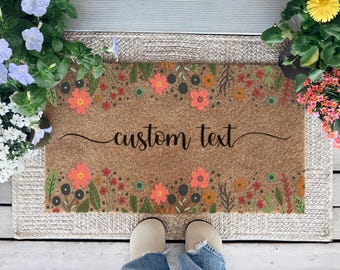 Custom Text Wildflowers Welcome Mat, Personalized Floral Door Mat, Spring Front Porch Decor, Aesthetic Outdoor Rug