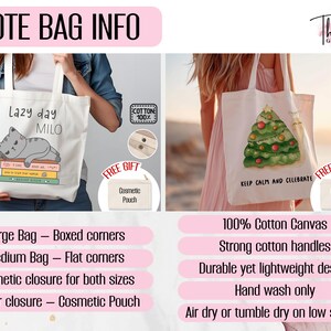 May include: White tote bags with various designs. One features a gray cat with the text "Lazy day MILO". The other displays a Christmas tree with the text "Keep Calm and Celebrate". Both bags are 100% cotton canvas.