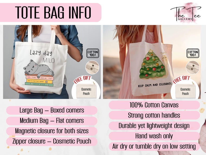 May include: White tote bags with various designs. One features a gray cat with the text "Lazy day MILO". The other displays a Christmas tree with the text "Keep Calm and Celebrate". Both bags are 100% cotton canvas.