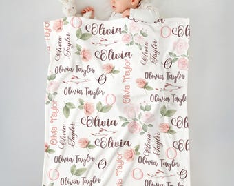 Personalized Baby Name Blanket, Pink Floral Baby Girl Blanket, Custom Nursery Decor, Newborn Gift