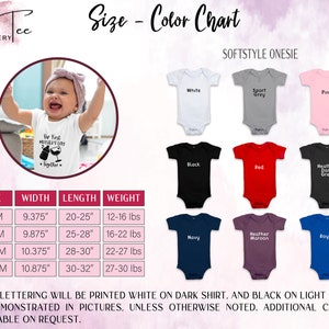 May include: Size chart for softstyle onesies in various colors, including white, sport grey, pink, black, red, heather dark grey, navy, heather maroon, and royal blue. The chart includes size, width, length, and weight in inches and pounds. The text "Our First Mother's Day Together" is printed on a white onesie.