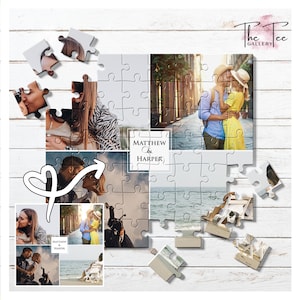May include: A personalized jigsaw puzzle featuring romantic photos of a couple. The puzzle includes the names "Matthew & Harper" and is set against a white wooden background. Some pieces are separate.
