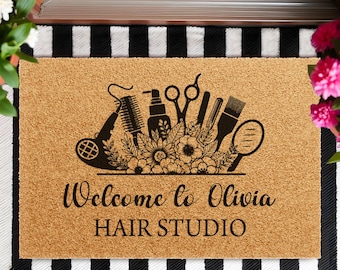 Personalized Hair Salon Doormat, Custom Barber Shop Welcome Mat, Hair Stylist Business Entryway Decor, Beauty Salon Gift Mat