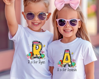 Custom Name School Shirt, Kids Alphabet Shirt, Personalized Toddler Shirt,Back to School Gift For Students, Customized School Shirt For Kids