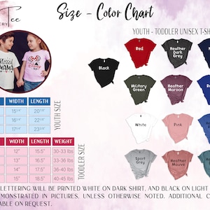May include: Size chart for youth and toddler unisex t-shirts. The chart shows different sizes and corresponding width, length, and weight measurements. It also displays a variety of colors available for the shirts, including red, navy, black, white, pink, heather grey, heather maroon, heather royal, military green, sport grey, heather mauve, and heather deep teal.