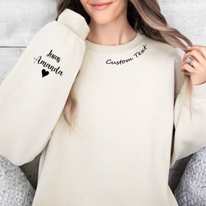 Custom Text on the Neck and Names on the Sleeve Sweatshirt, Personalized Name Hoodie, Personalized Gift, Gift for Her, Gift For Him
