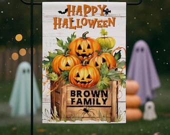 Custom Name Halloween Garden Flag, Personalized Pumpkin Porch Decor, Spooky Fall Outdoor House Flag