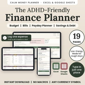 ADHD Budget Planner Spreadsheet for Excel, Paycheck Budget, Bill and Subscription Tracker, Debt Payoff, Savings Goals, Digital Download