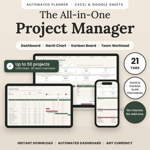May include: An automated project manager digital planner for Excel and Google Sheets. The interface displays a dashboard, Gantt chart, and Kanban board across a computer, tablet, and smartphone screen. Text includes Up to 50 projects, 21 tabs, and No macros.