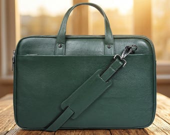 Men's Full Grain Leather Slim Office Laptop zipper Bag 15.6 Inch, Gift for him