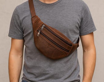Vintage Buffalo Leather Fanny Pack: Unisex Crossbody Belt Bag