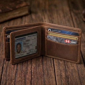Handmade Crazy Horse Leather Bifold Wallet, RFID Blocking Card Holder, Vintage Brown Men's Wallet