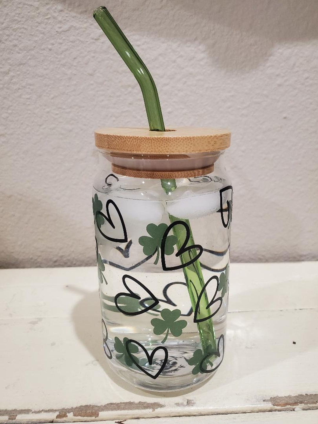 Shamrock and Hearts Color Changing Glass Cup, St Patricks Day Cup