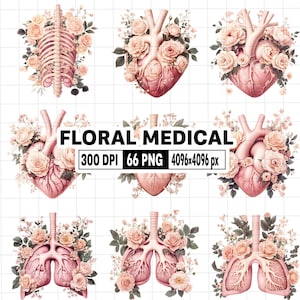 66 Clipart médico floral - Anatomía estética PNG - Flores médicas bohemias - Pulmones, corazón, caja torácica, cerebro, ADN de color rosa suave Gráficos de atención médica