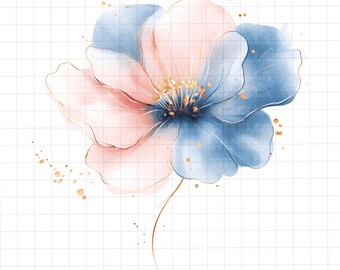 22 Pink Marble, Blue and Gold Abstract Flowers Clipart, Watercolor Floral PNG, Boho Wildflower Wedding Clipart Digital Download
