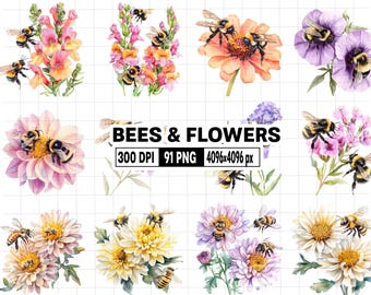 91 Bees in Flowers Clipart - Watercolor Bumble Bees PNG - Honey Bees Clipart - Wild Floral Bees Graphics Printables - Queen Bee Clipart