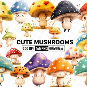 165 Imágenes prediseñadas de hongos lindos: hongos venenosos kawaii y de dibujos animados PNG / Imágenes prediseñadas de hongos, hongos del bosque, hongos botón, gráficos de hongos shiitake