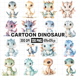 130 Cartoon Dinosaur Clipart - Watercolor Baby Cute Dinosaur PNG - Dinosaur Baby Shower - Nursery Dino Decor Graphics - Birthday Party
