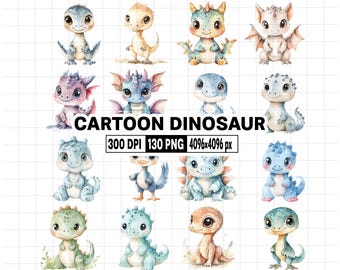 Puede incluir: Un conjunto de 13 ilustraciones de dinosaurios de dibujos animados en estilo acuarela. Los dinosaurios son de varios colores, incluyendo azul, verde, rosa y amarillo. Todos están en un estilo de dibujos animados lindo y serían perfectos para usar en libros para niños, manualidades u otros proyectos creativos.