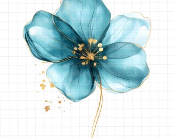 26 Turquoise and Gold Abstract Flowers Clipart, Watercolor Floral PNG, Boho Wildflower Wedding Clipart Digital Download