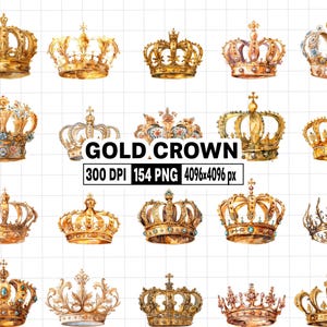 154 Gold Crown Clipart - Watercolor Golden Glitter Diamond Jeweled Crowns Tiaras - Princess, Queen, King, Prince Crown PNG Digital Graphics