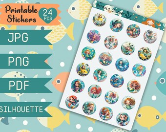 24 PCS Cute Mermaid Sticker Sheet | Print and Cut | Clipart PNG Sea Stickers | Digital Stickers | Printable Stickers