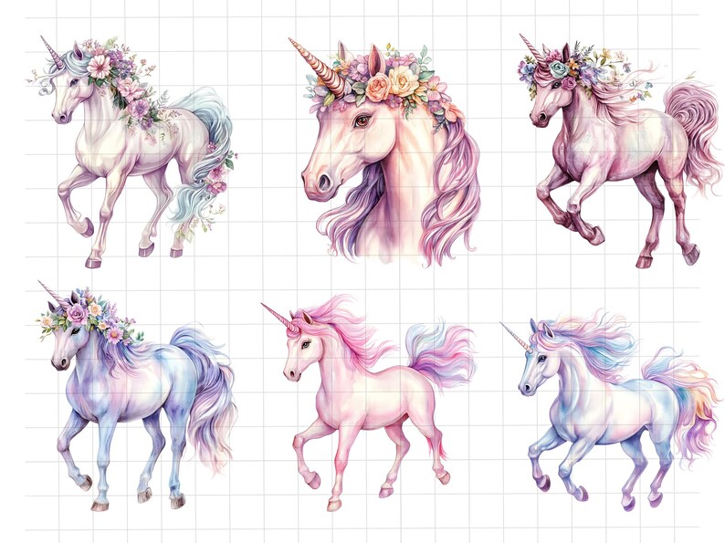 42 Cartoon Unicorn Clipart - Cute Pastel Unicorns PNG - Watercolor ...