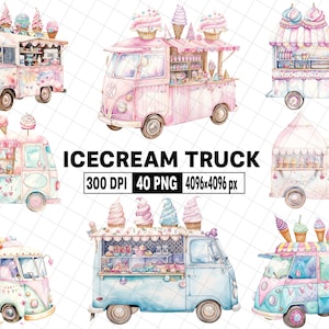 Ice Cream Truck Clipart - Watercolor Ice Cream Van and Shop PNG | 40 Transparent Summer Clipart Digital Files | INSTANT DOWNLOAD