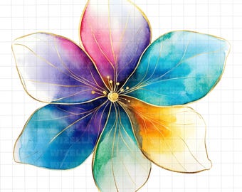 23 Rainbow Colors and Gold Abstract Flowers Clipart, Watercolor Floral PNG, Boho Wedding Clipart, Digital Download