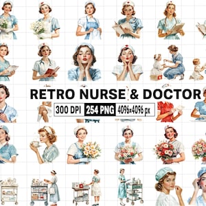 254 Enfermera retro en acuarela Clipart - Gráficos imprimibles de médicos vintage - Clipart médico PNG - Clipart de personal de salud de los años 50 Pegatina digital