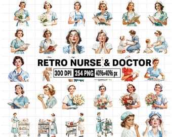 254 Watercolor Retro Nurse Clipart - Vintage Doctor Graphics Printables - Medical Clipart PNG - 1950's Health Staff Clipart Digital Sticker