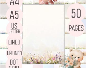 Florales Briefpapier – 50 Seiten Notizen | Liniert, Unliniert, Dot Grid | Vintage Briefpapier | A4, A5, US Letter PDF