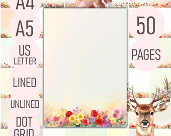 Floral Printable Stationery – 50 Notes Pages | Lined, Unlined, Dot Grid | Botanical Writing Paper | A4, A5, US Letter PDF
